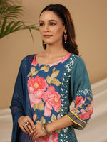 Thumbnail for Juniper Blue Floral Printed Rayon Kurta Pants & Dupatta Set With Sequins Work - Distacart