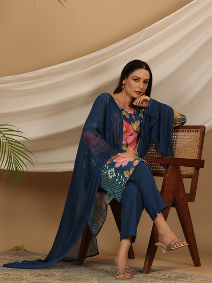 Juniper Blue Floral Printed Rayon Kurta Pants & Dupatta Set With Sequins Work - Distacart