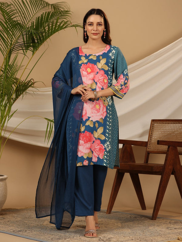 Juniper Blue Floral Printed Rayon Kurta Pants & Dupatta Set With Sequins Work - Distacart