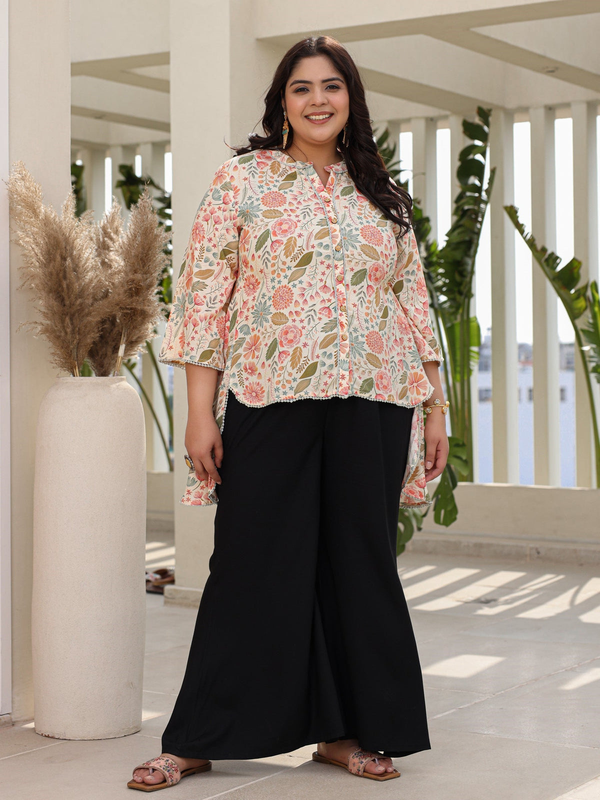 Juniper Ivory Floral Printed Rayon High-Low Plus Size Tunic With Lace - Distacart