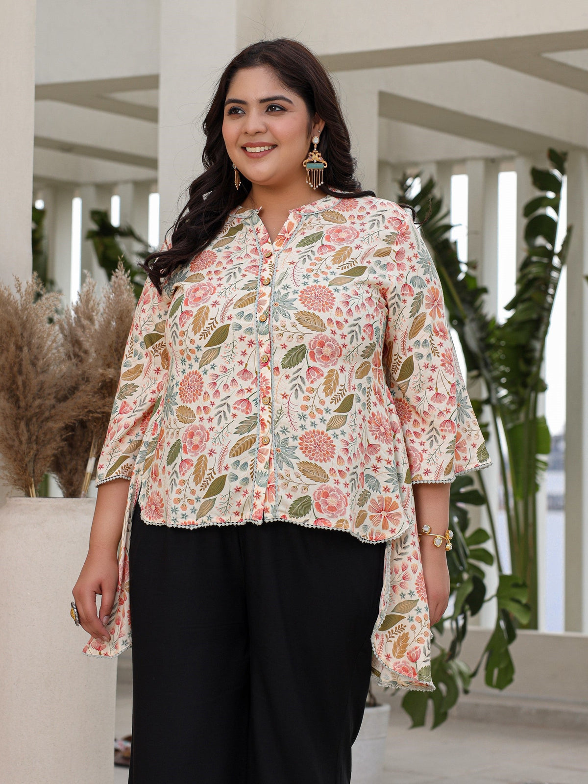 Juniper Ivory Floral Printed Rayon High-Low Plus Size Tunic With Lace - Distacart