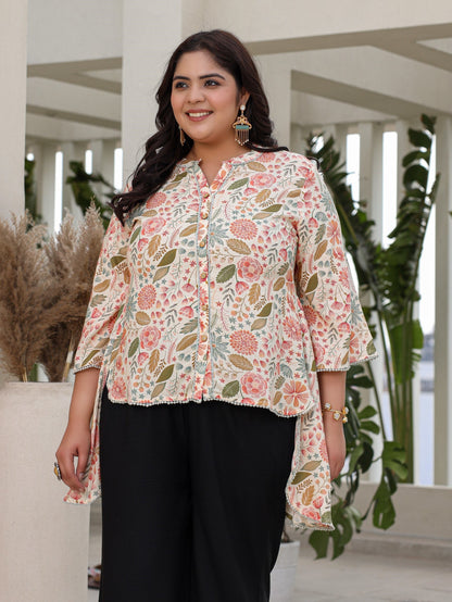 Juniper Ivory Floral Printed Rayon High-Low Plus Size Tunic With Lace - Distacart