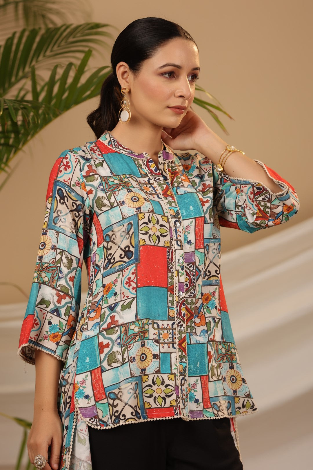 Juniper Blue Rayon Ethnic Motif Printed High-Lacy Mandarin Collar Women Tunic - Distacart