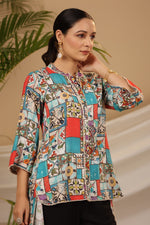 Thumbnail for Juniper Blue Rayon Ethnic Motif Printed High-Lacy Mandarin Collar Women Tunic - Distacart