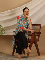 Thumbnail for Juniper Blue Rayon Ethnic Motif Printed High-Lacy Mandarin Collar Women Tunic - Distacart