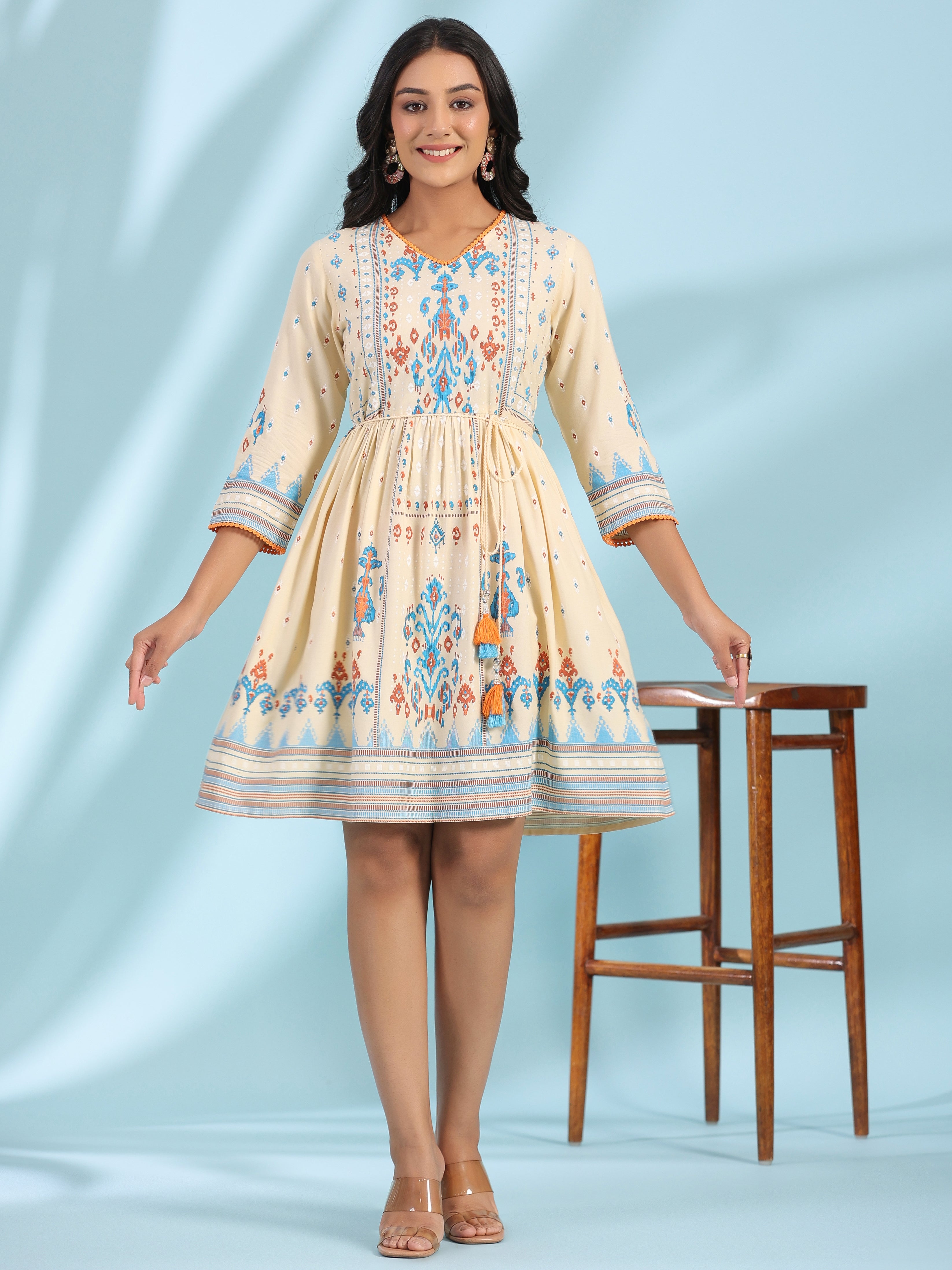 Juniper Women's Off-White Rayon Ikat Printed Fit & Flare Lacy Short Dress With Dori Tie-Up At Waist - Distacart