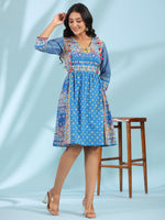 Thumbnail for Juniper Women's Blue Floral Printed Pure Cotton Dress With Beads & sequins Work - Distacart