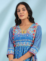 Thumbnail for Juniper Women's Blue Floral Printed Pure Cotton Dress With Beads & sequins Work - Distacart