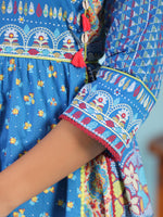 Thumbnail for Juniper Women's Blue Floral Printed Pure Cotton Dress With Beads & sequins Work - Distacart