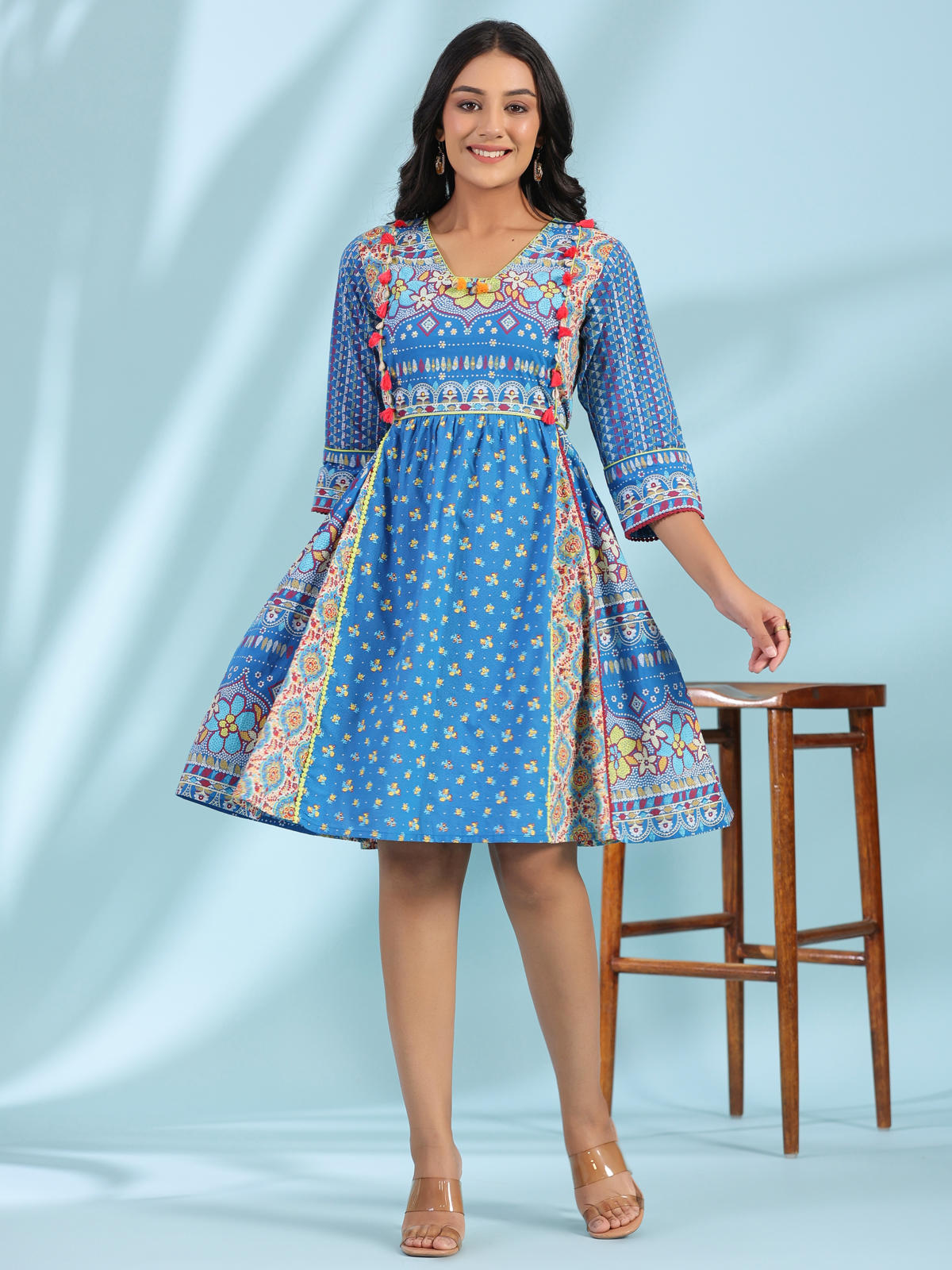 Juniper Women's Blue Floral Printed Pure Cotton Dress With Beads & sequins Work - Distacart