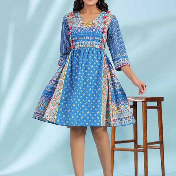 Juniper Women's Blue Floral Printed Pure Cotton Dress With Beads & sequins Work - Distacart