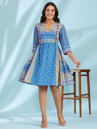 Juniper Women's Blue Floral Printed Pure Cotton Dress With Beads & sequins Work - Distacart