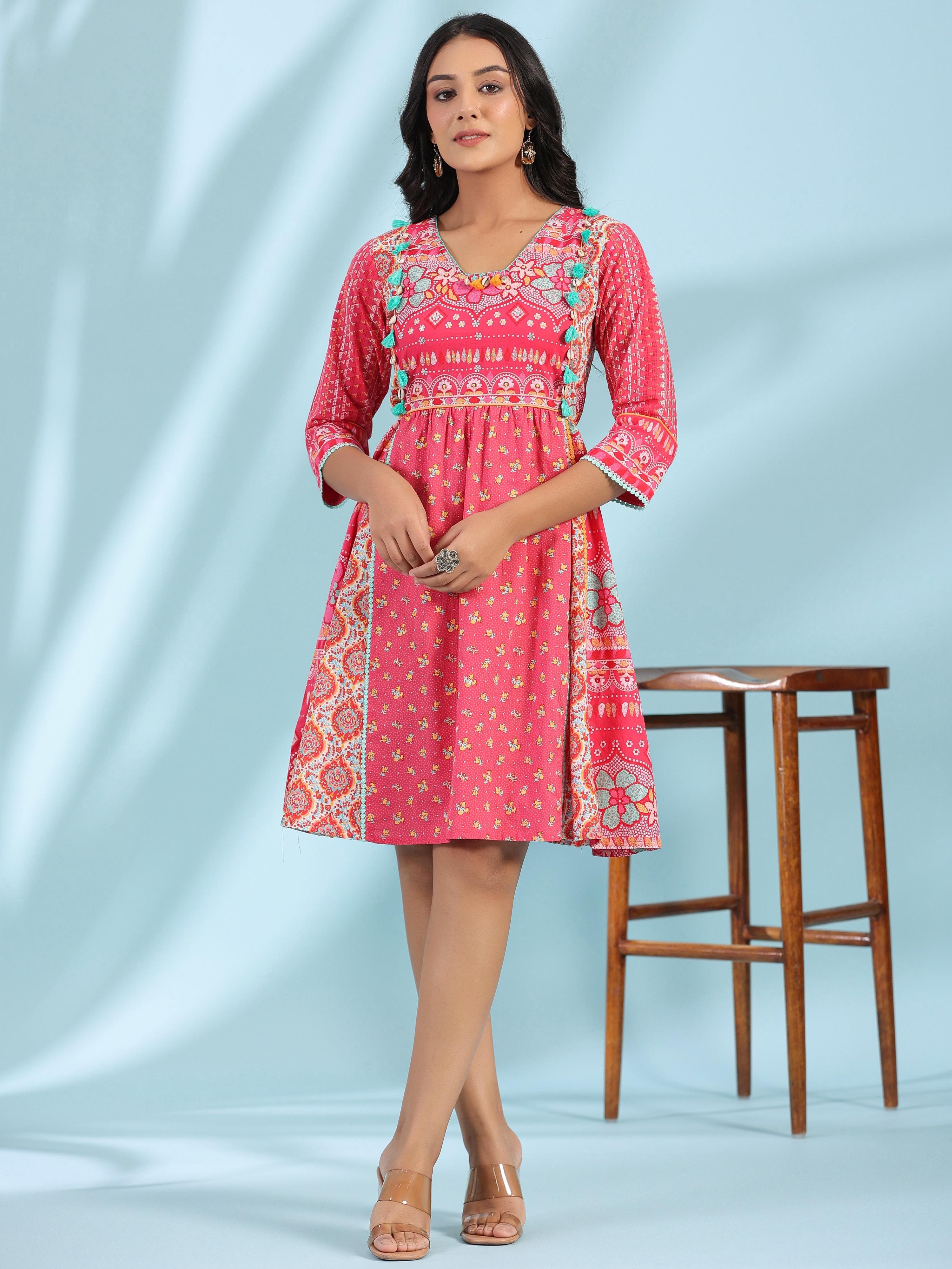 Juniper Women's Pink Pure Cotton Floral Printed Panelled Short Dress With Contrasting Tassels & Beadwork - Distacart