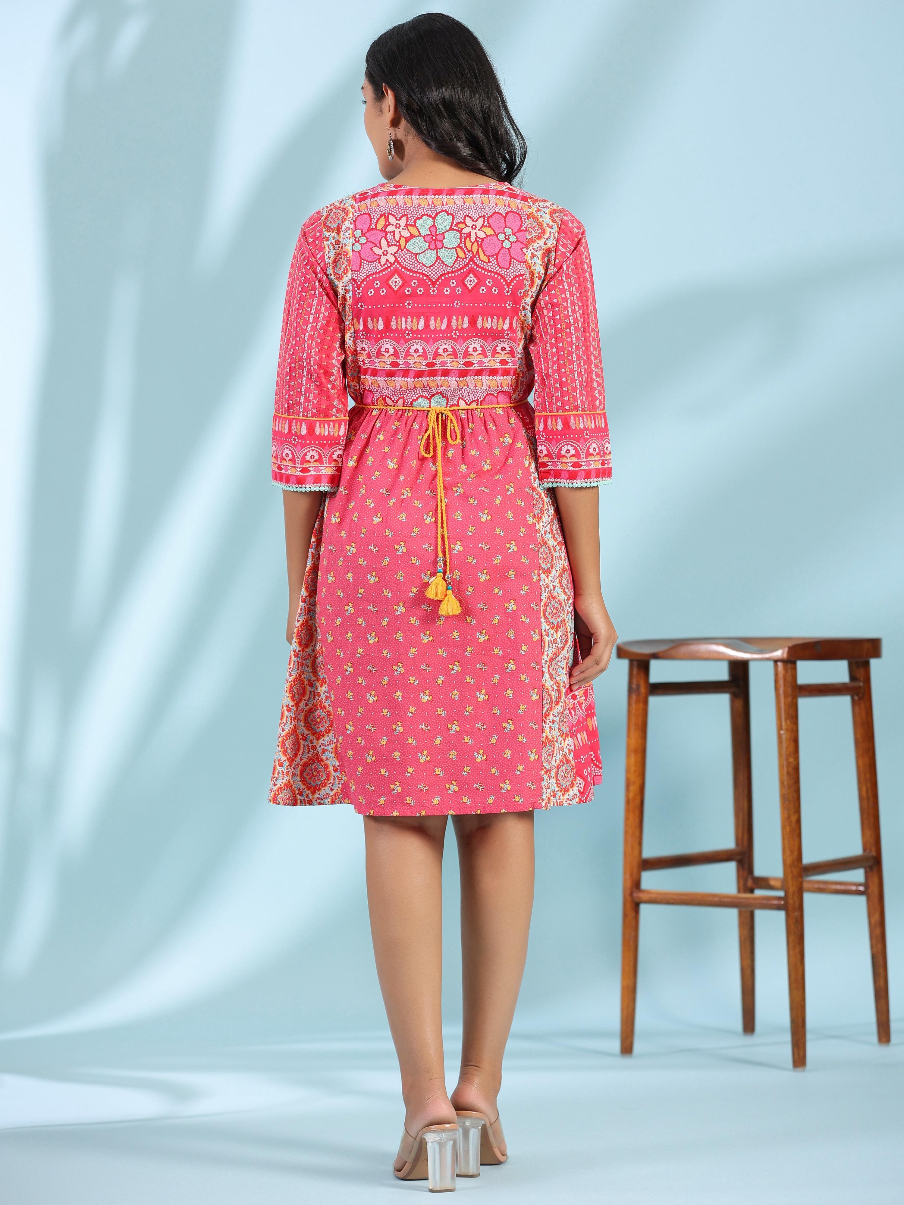 Juniper Women's Pink Pure Cotton Floral Printed Panelled Short Dress With Contrasting Tassels & Beadwork - Distacart