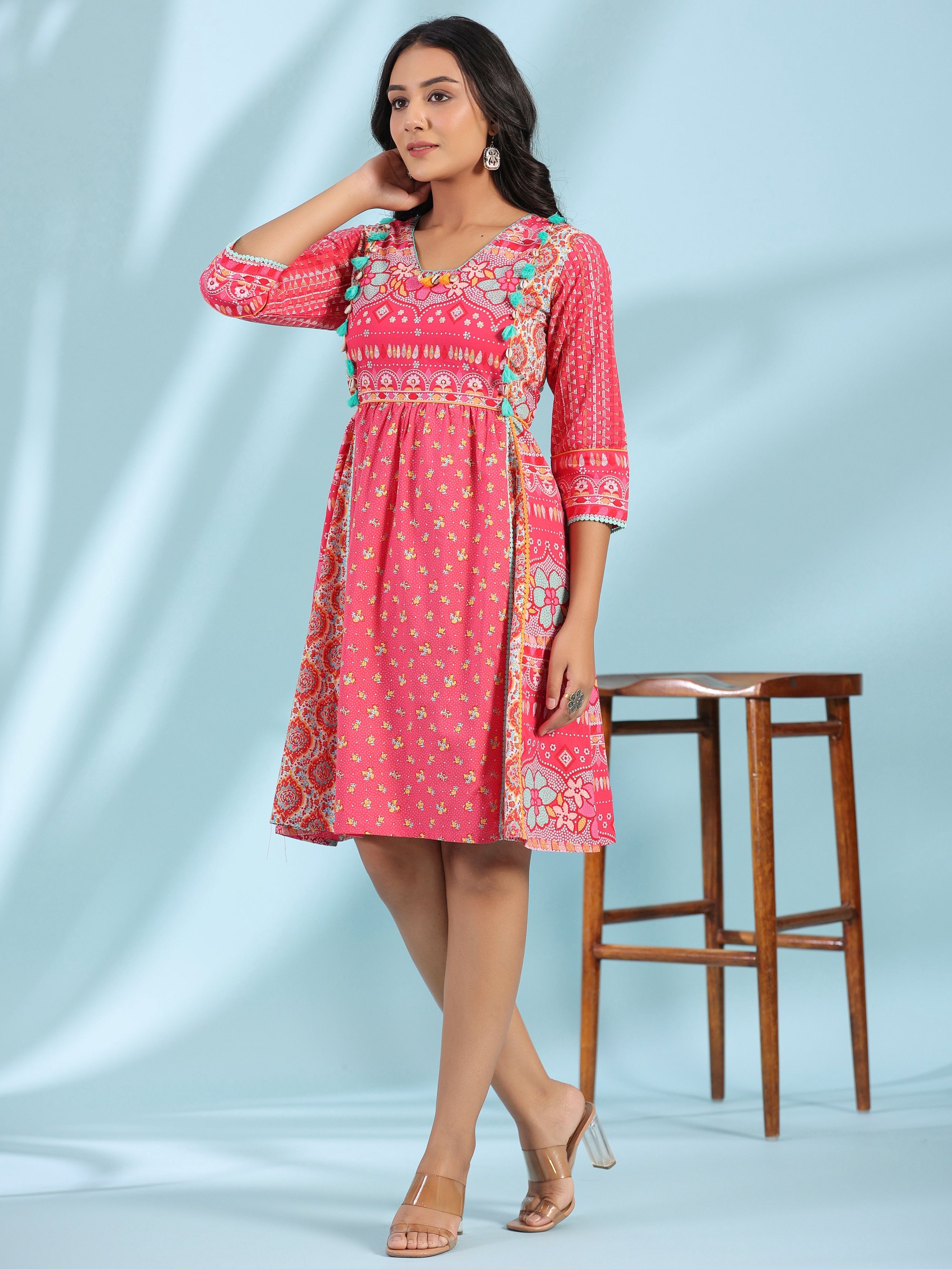 Juniper Women's Pink Pure Cotton Floral Printed Panelled Short Dress With Contrasting Tassels & Beadwork - Distacart