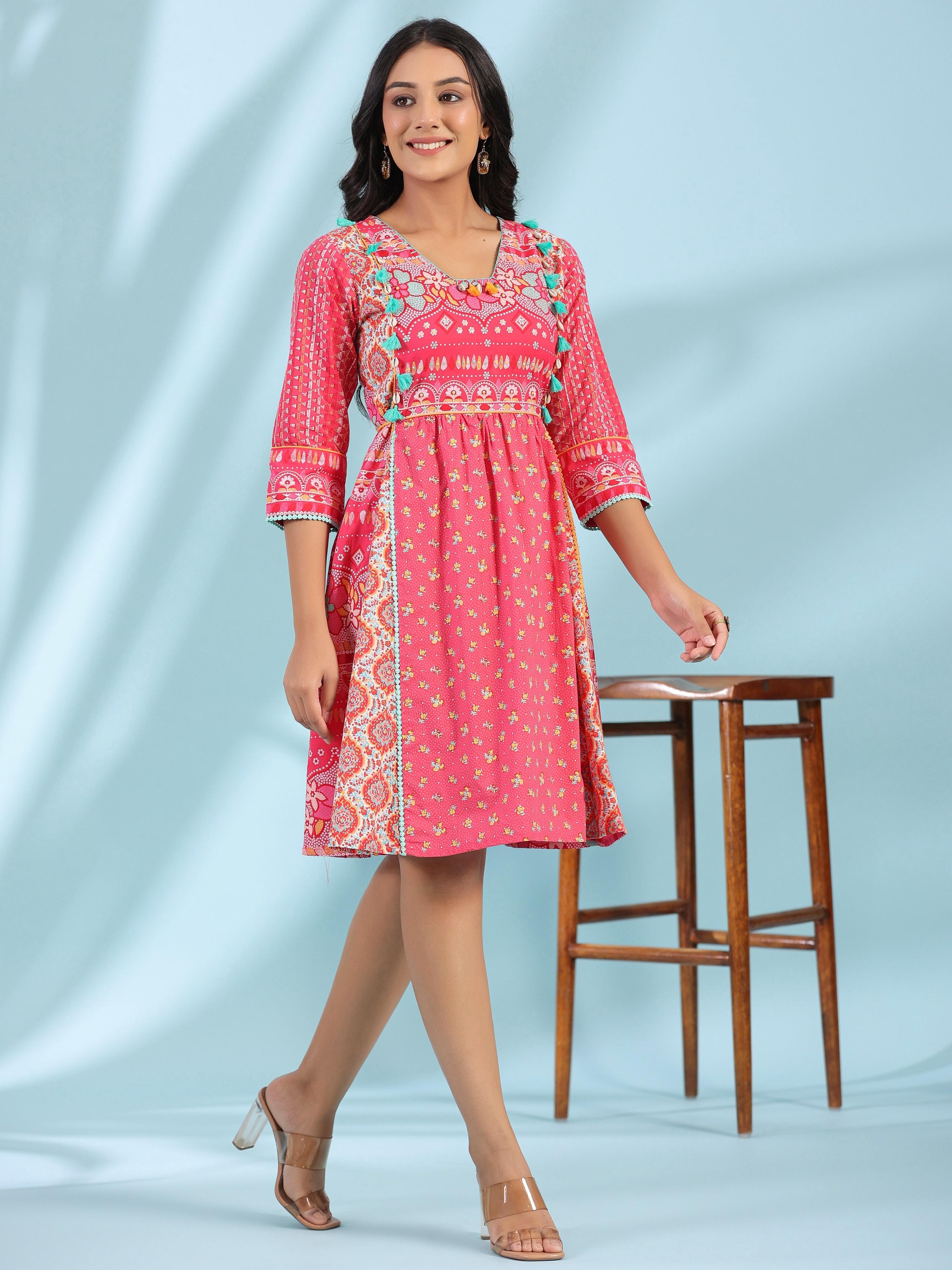 Juniper Women's Pink Pure Cotton Floral Printed Panelled Short Dress With Contrasting Tassels & Beadwork - Distacart