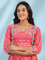 Thumbnail for Juniper Women's Pink Pure Cotton Floral Printed Panelled Short Dress With Contrasting Tassels & Beadwork - Distacart