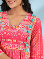 Thumbnail for Juniper Women's Pink Pure Cotton Floral Printed Panelled Short Dress With Contrasting Tassels & Beadwork - Distacart