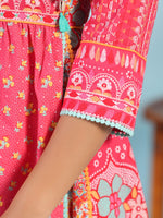 Thumbnail for Juniper Women's Pink Pure Cotton Floral Printed Panelled Short Dress With Contrasting Tassels & Beadwork - Distacart