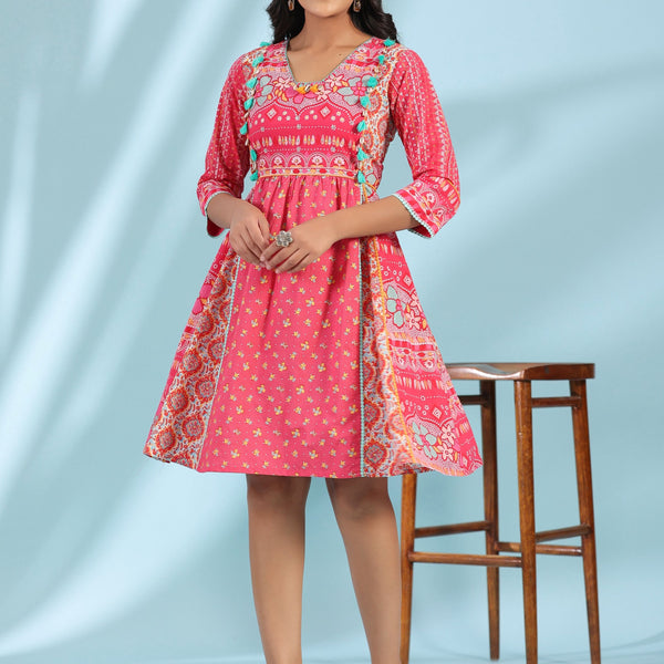 Juniper Women's Pink Pure Cotton Floral Printed Panelled Short Dress With Contrasting Tassels & Beadwork - Distacart