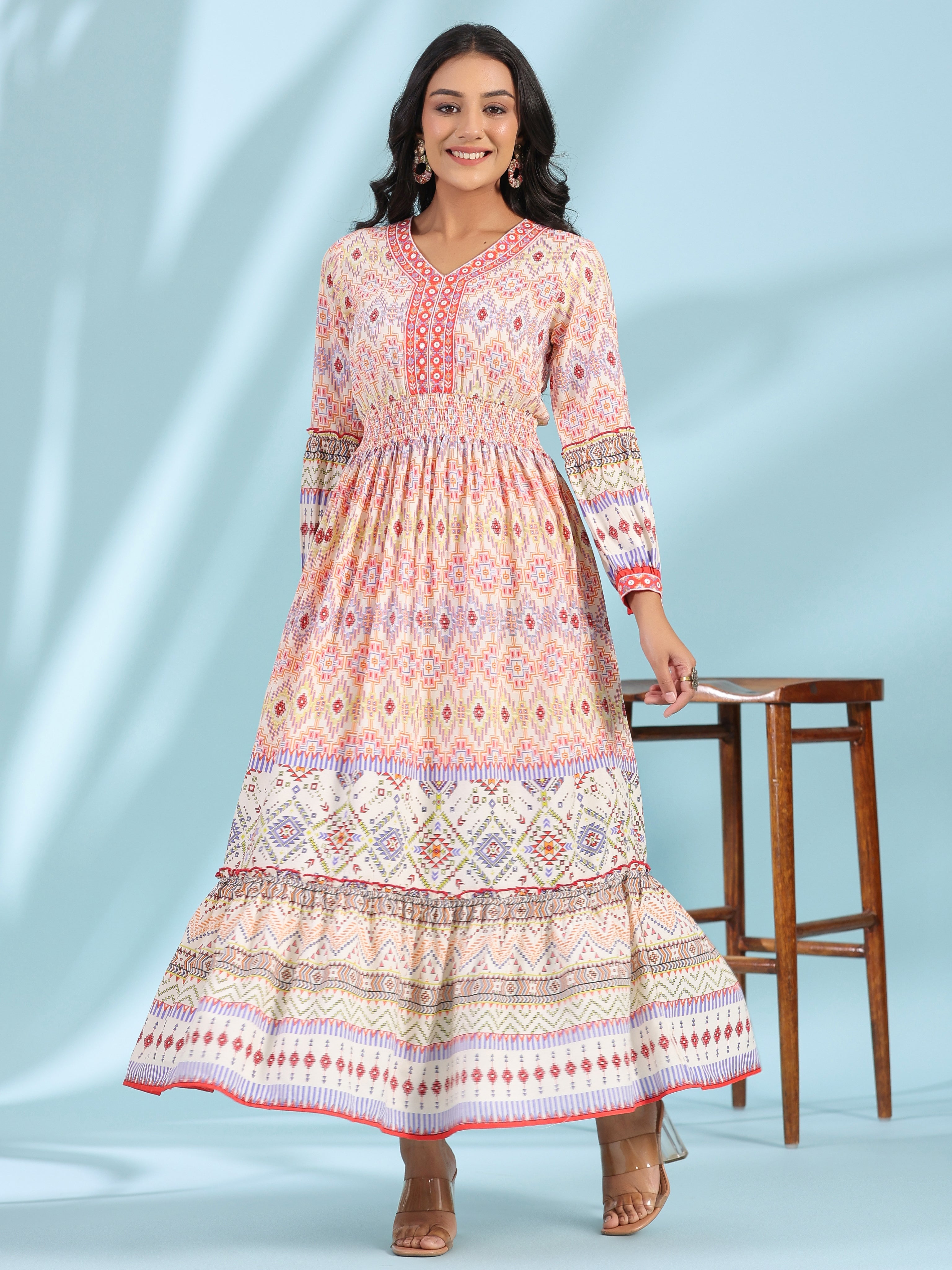 Juniper Women's Off-White Rayon Geometric Printed Tiered Maxi Dress With Mirror Work - Distacart