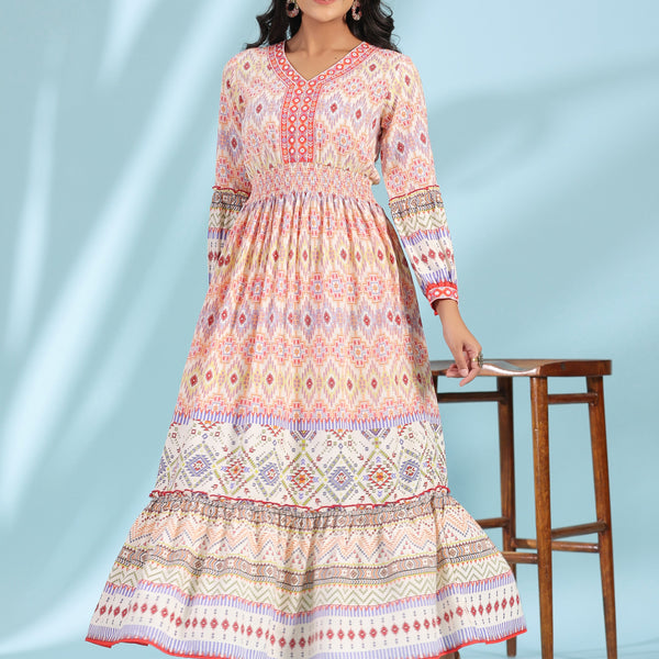 Juniper Women's Off-White Rayon Geometric Printed Tiered Maxi Dress With Mirror Work - Distacart