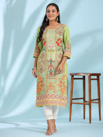 Thumbnail for Juniper Green Rayon Floral Printed Round Neck Straight Kurta With Beadwork - Distacart