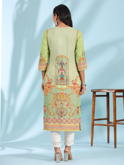 Juniper Green Rayon Floral Printed Round Neck Straight Kurta With Beadwork - Distacart