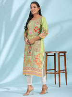 Thumbnail for Juniper Green Rayon Floral Printed Round Neck Straight Kurta With Beadwork - Distacart