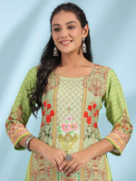 Thumbnail for Juniper Green Rayon Floral Printed Round Neck Straight Kurta With Beadwork - Distacart