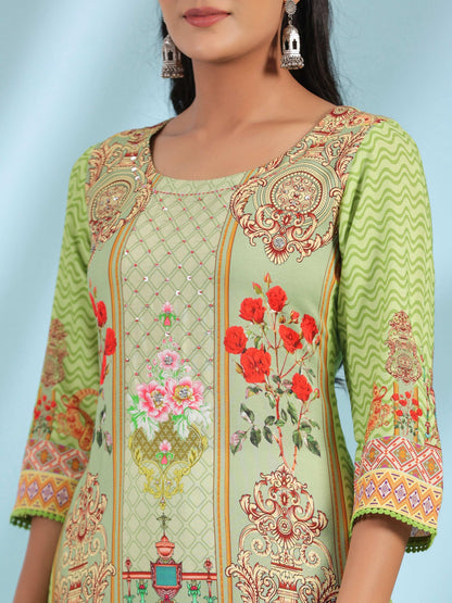 Juniper Green Rayon Floral Printed Round Neck Straight Kurta With Beadwork - Distacart