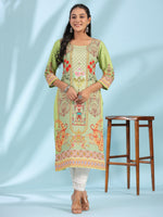 Thumbnail for Juniper Green Rayon Floral Printed Round Neck Straight Kurta With Beadwork - Distacart