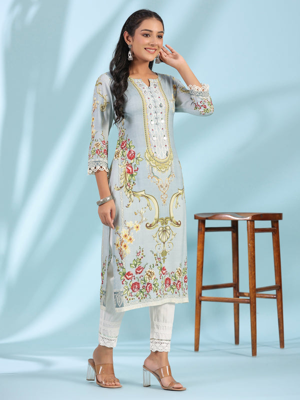 Juniper Grey Rayon Floral Printed Round Neck Kurta With Beadwork - Distacart