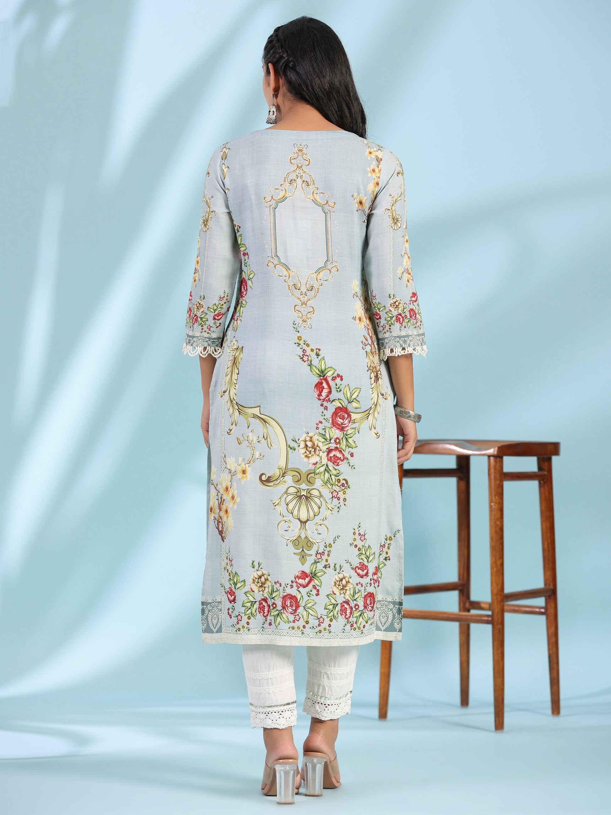 Juniper Grey Rayon Floral Printed Round Neck Kurta With Beadwork - Distacart