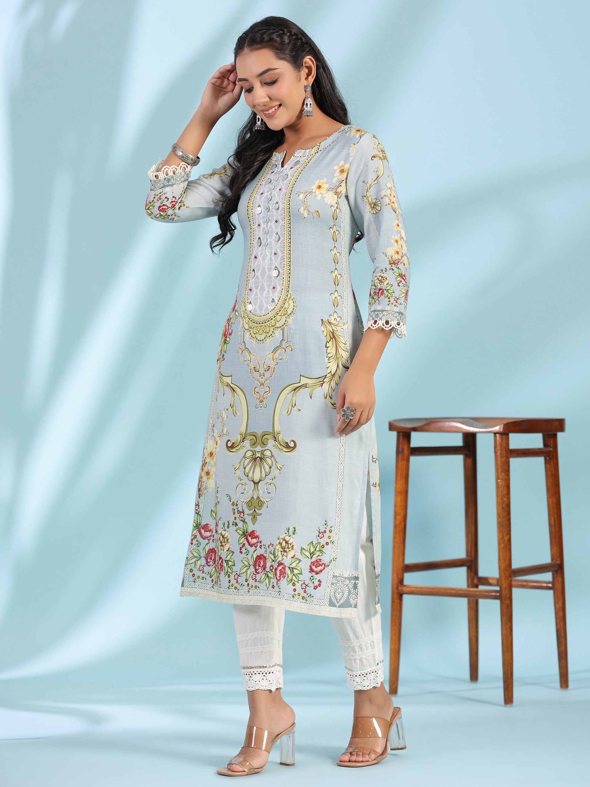 Juniper Grey Rayon Floral Printed Round Neck Kurta With Beadwork - Distacart
