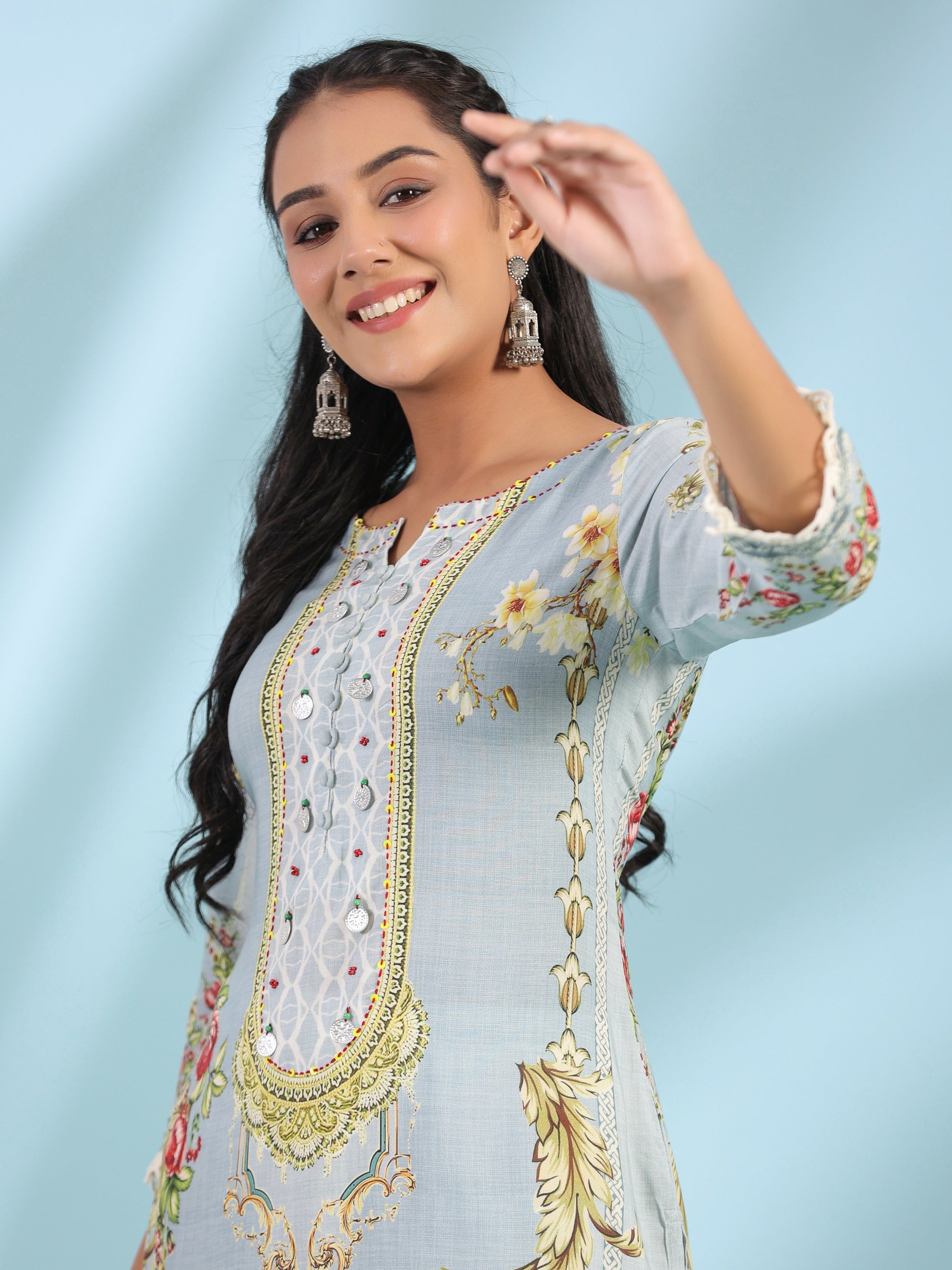 Juniper Grey Rayon Floral Printed Round Neck Kurta With Beadwork - Distacart