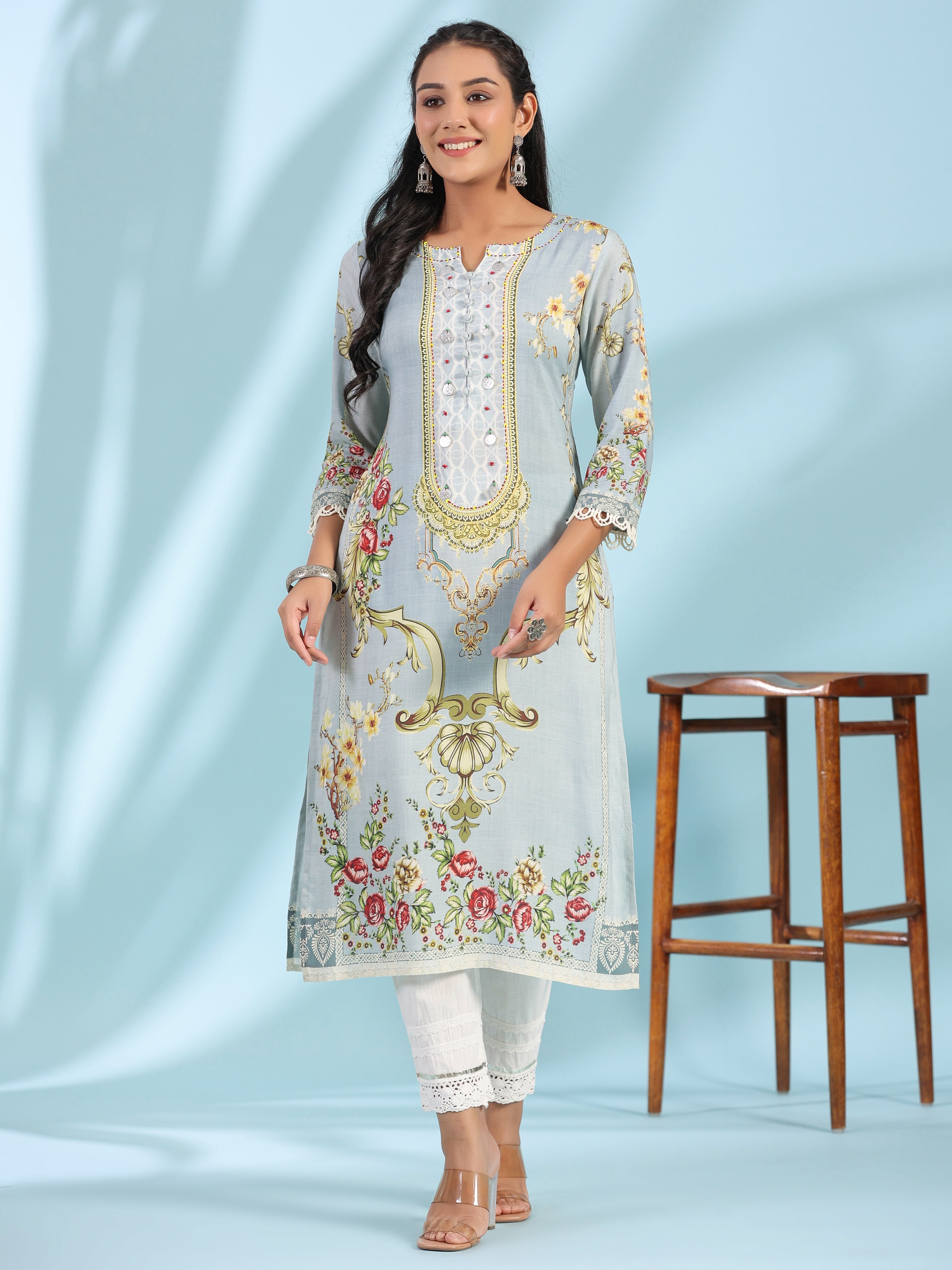 Juniper Grey Rayon Floral Printed Round Neck Kurta With Beadwork - Distacart