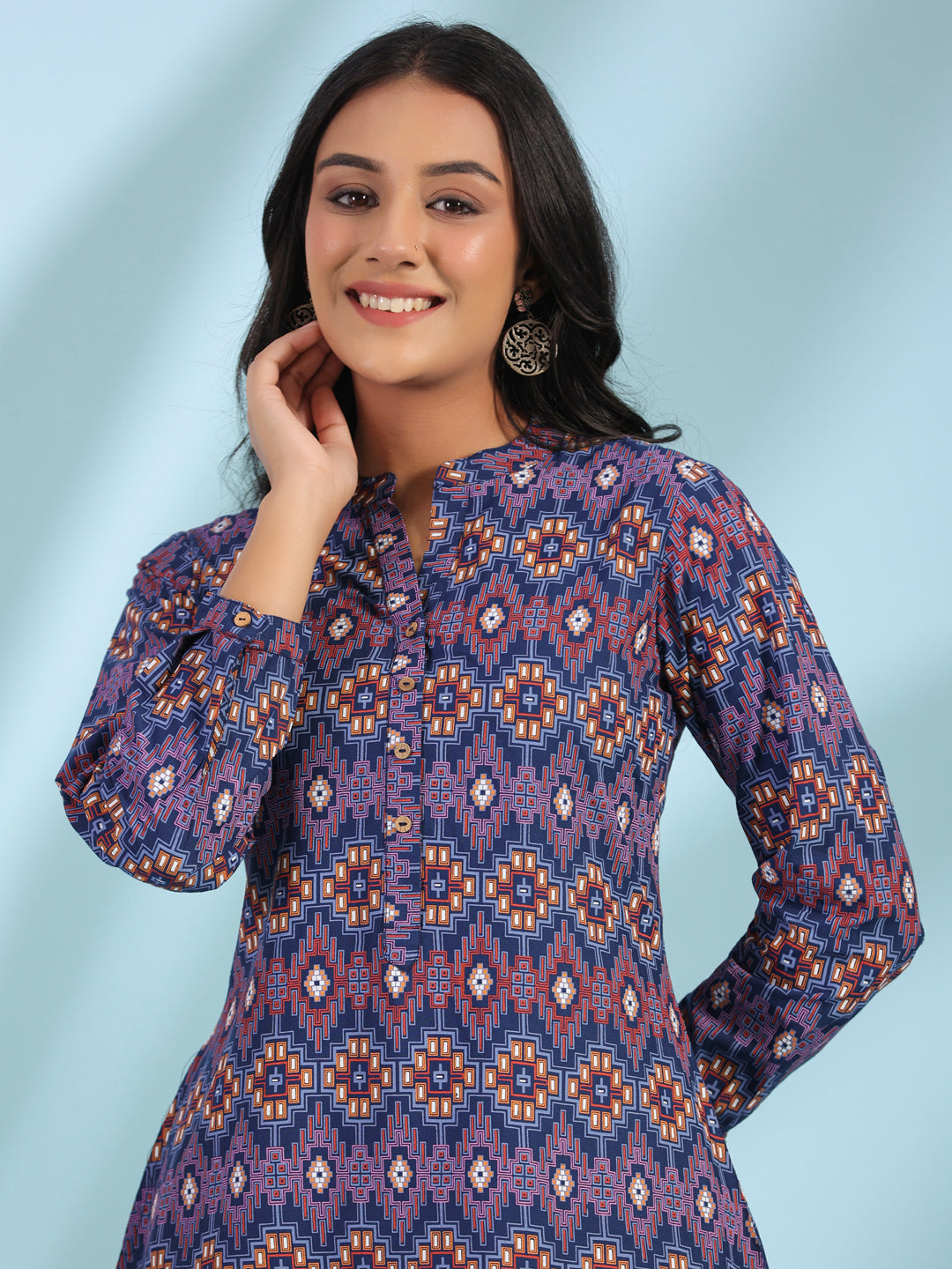 Juniper Women's The Crafted Geometrics Blue Geometric Printed Rayon Tunic - Distacart