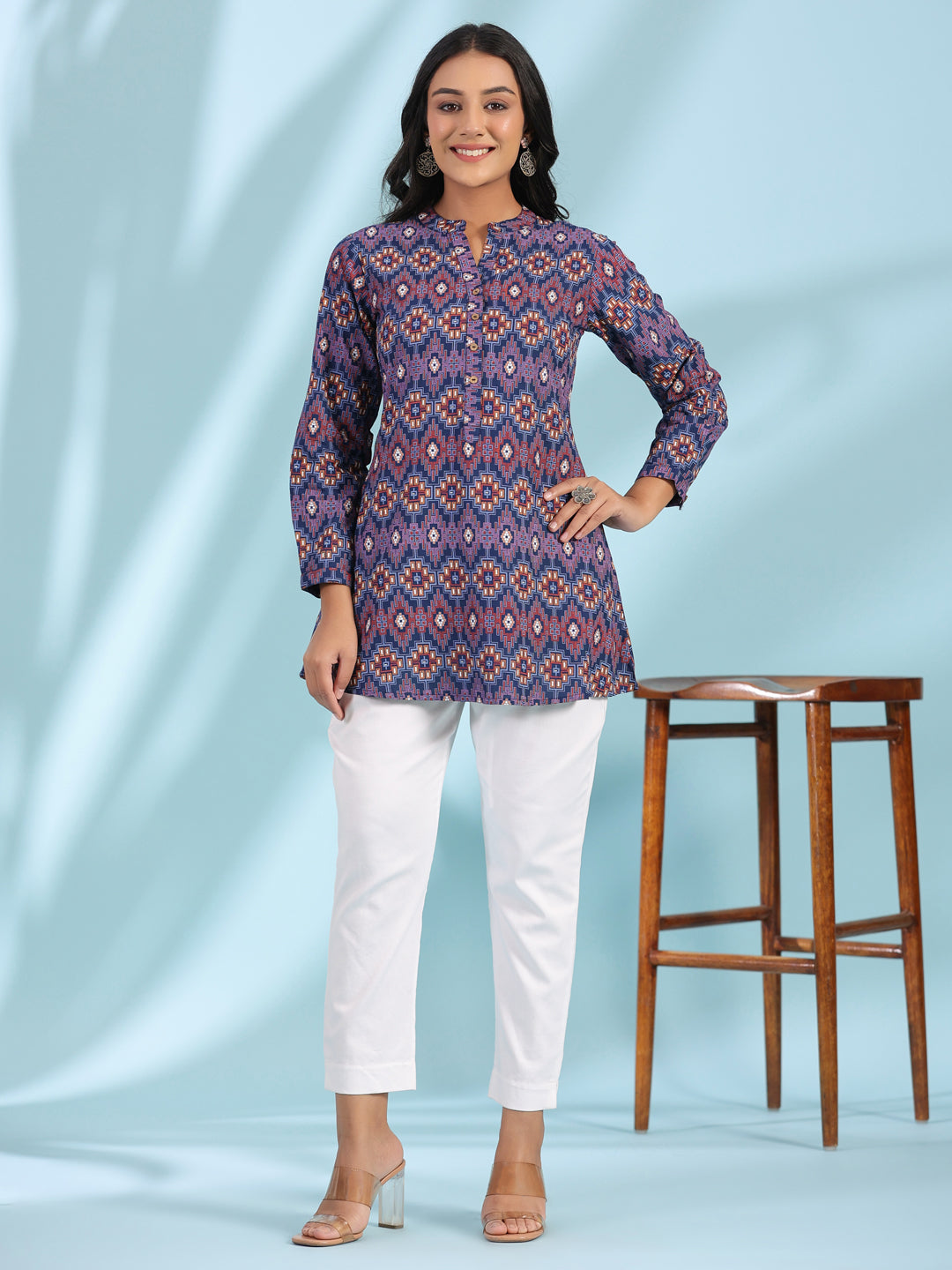 Juniper Women's The Crafted Geometrics Blue Geometric Printed Rayon Tunic - Distacart