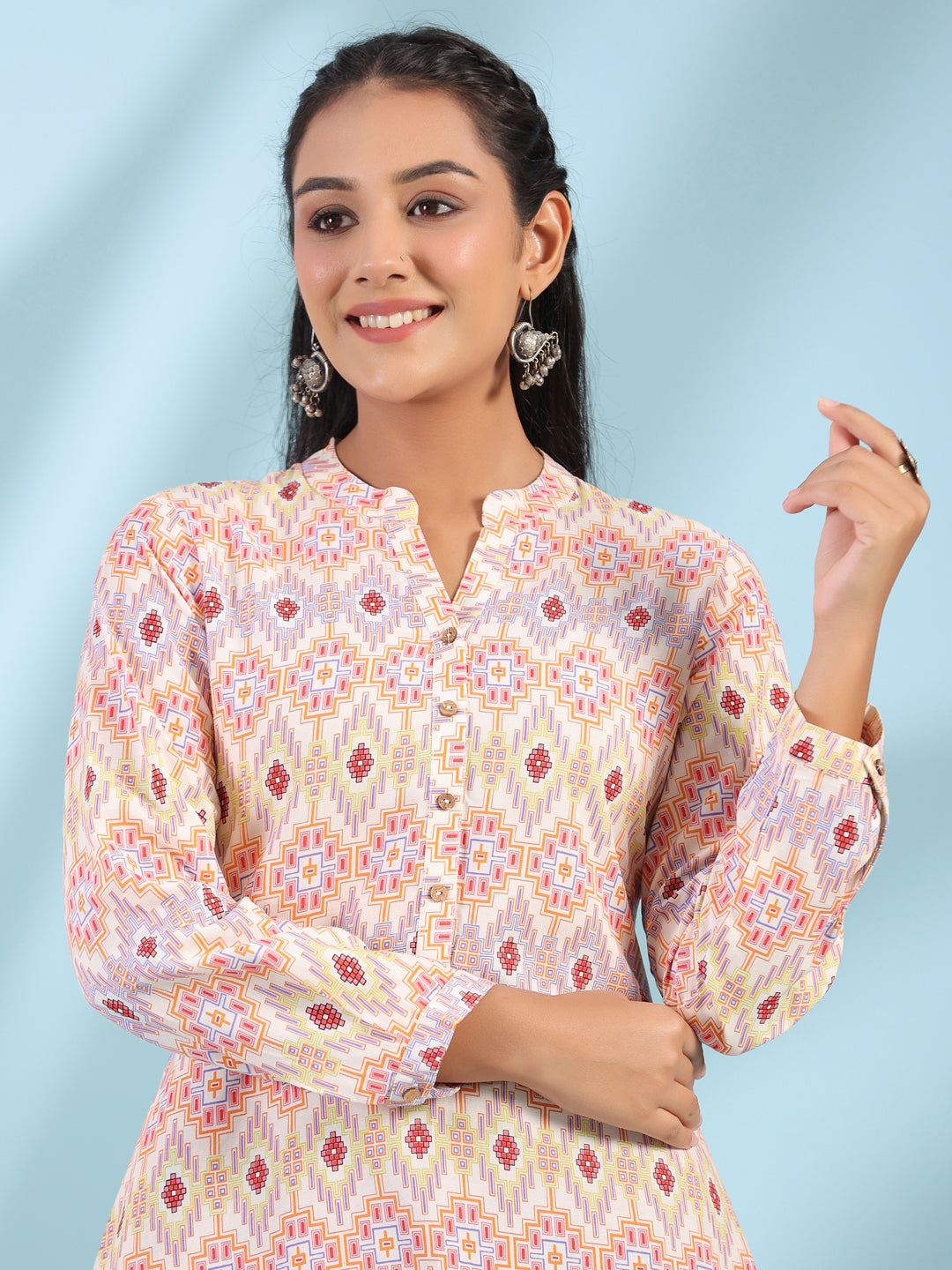 Juniper Women's The Crafted Geometrics Ivory Geometric Printed Rayon Tunic - Distacart