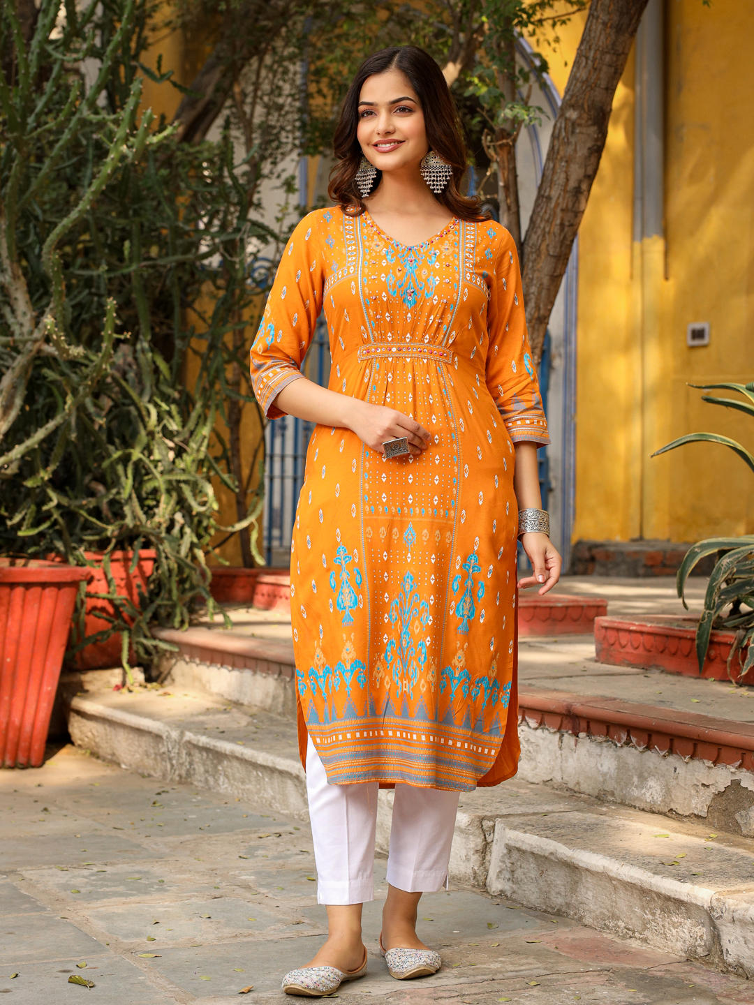 Juniper Mustard Ikat Printed Rayon Kurta With Gathers At Front Beads & Sequence Work - Distacart