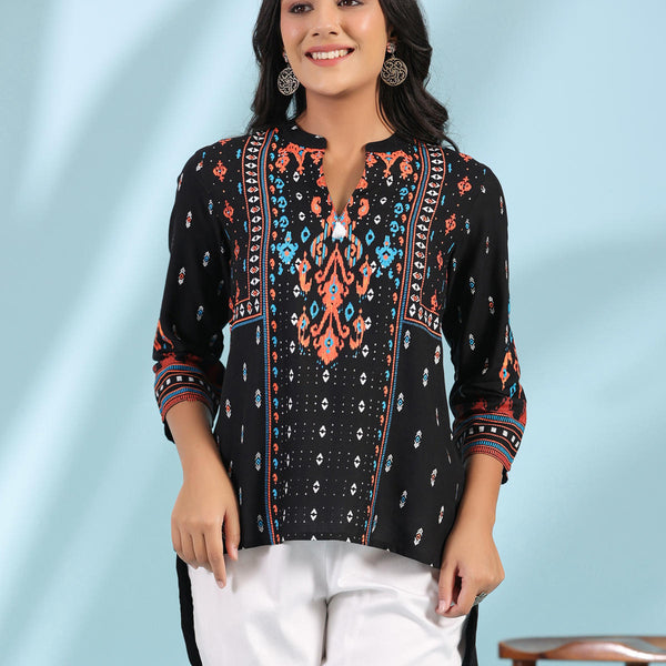 Juniper Women's Black Rayon Ikat Placement Printed High-Low Tunic With Side Slits & Tassels - Distacart