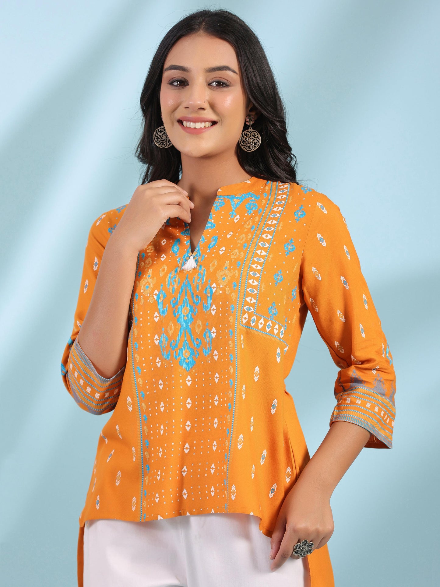 Juniper Mustard Rayon Ikat Placement Printed High-Low Tunic With Side Slits & Tassels - Distacart