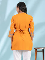 Thumbnail for Juniper Mustard Rayon Ikat Placement Printed High-Low Tunic With Side Slits & Tassels - Distacart