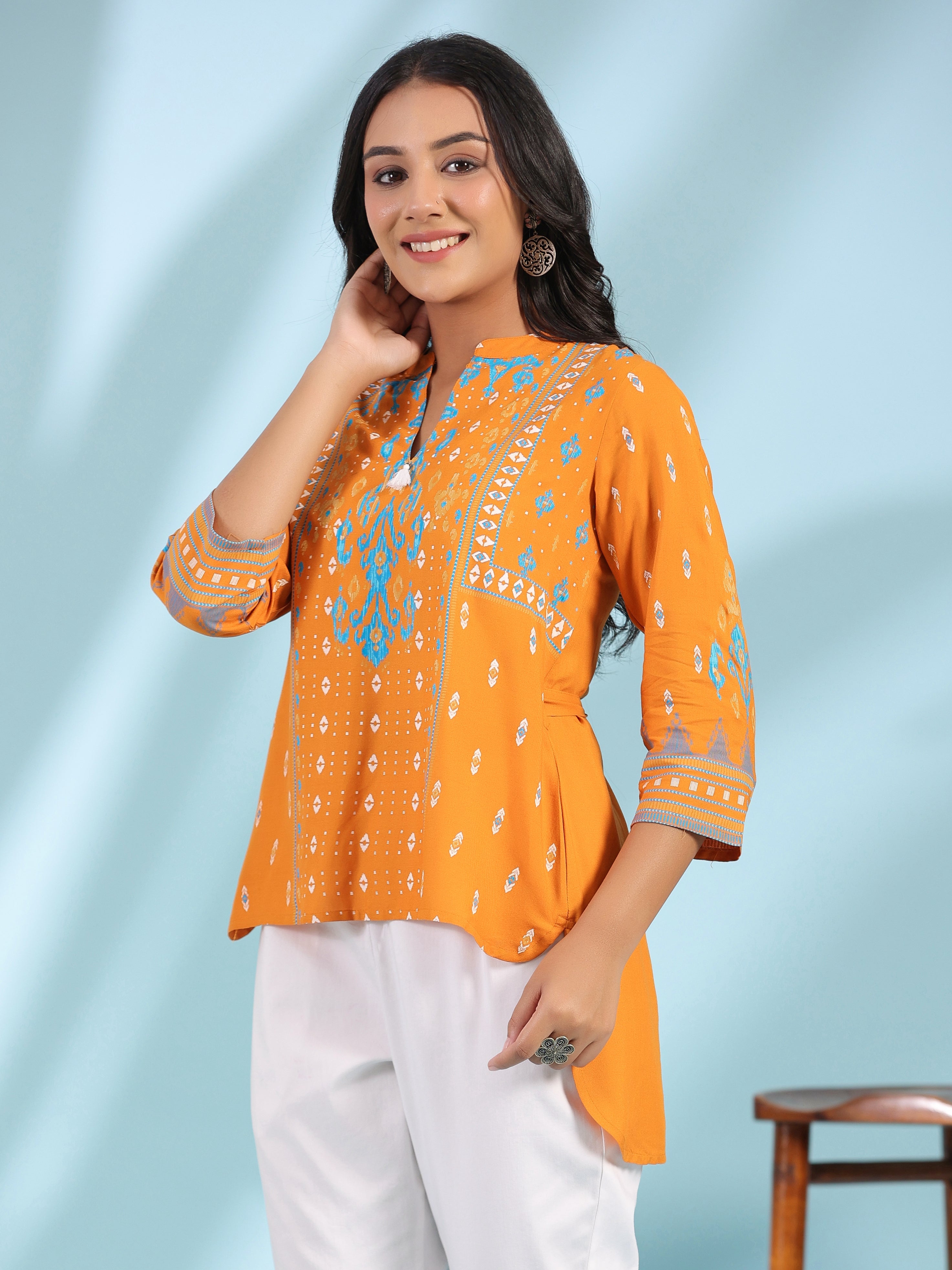 Juniper Mustard Rayon Ikat Placement Printed High-Low Tunic With Side Slits & Tassels - Distacart