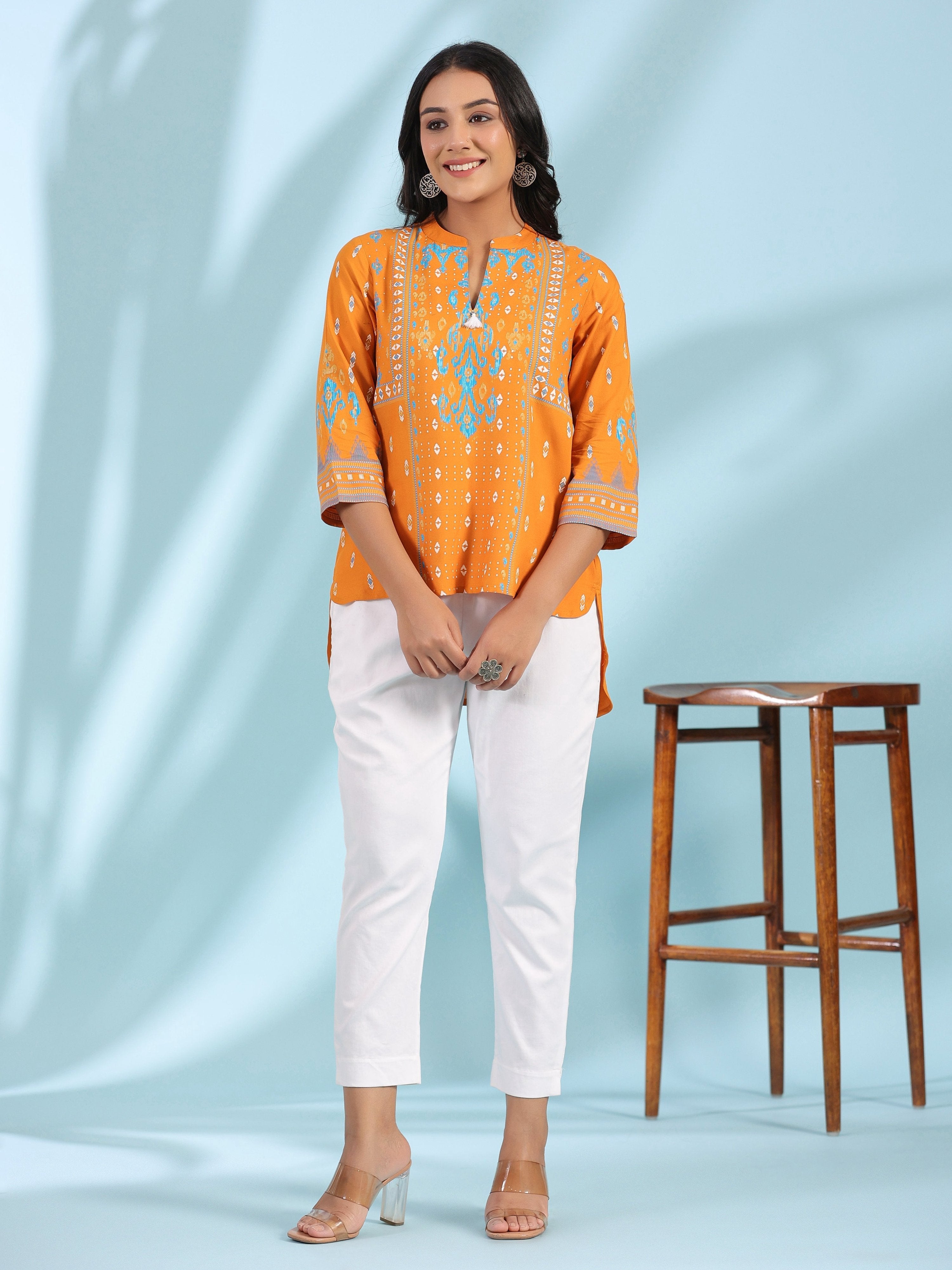 Juniper Mustard Rayon Ikat Placement Printed High-Low Tunic With Side Slits & Tassels - Distacart