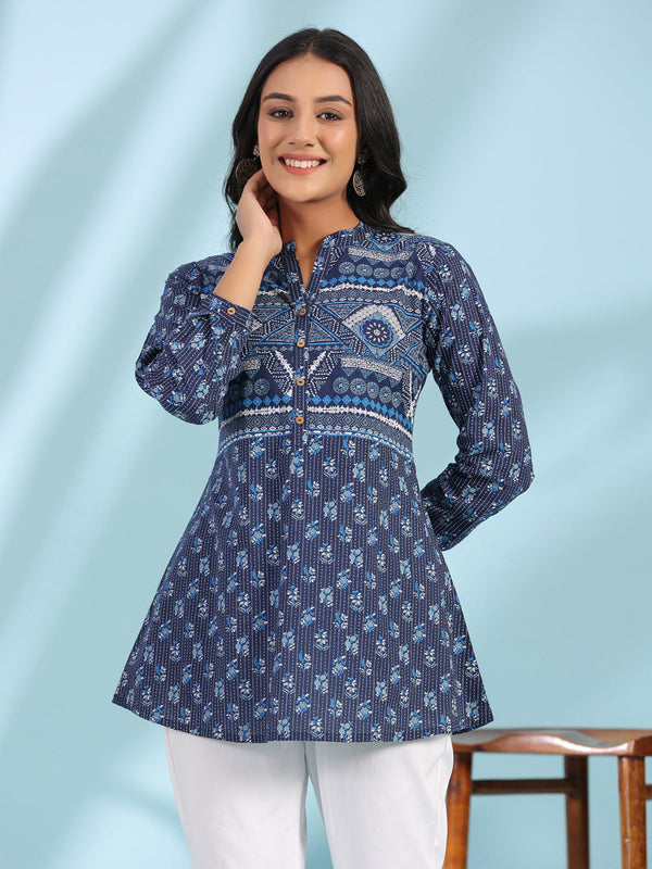 Juniper Women Blue Cotton Cambric Printed A-Line Tunic