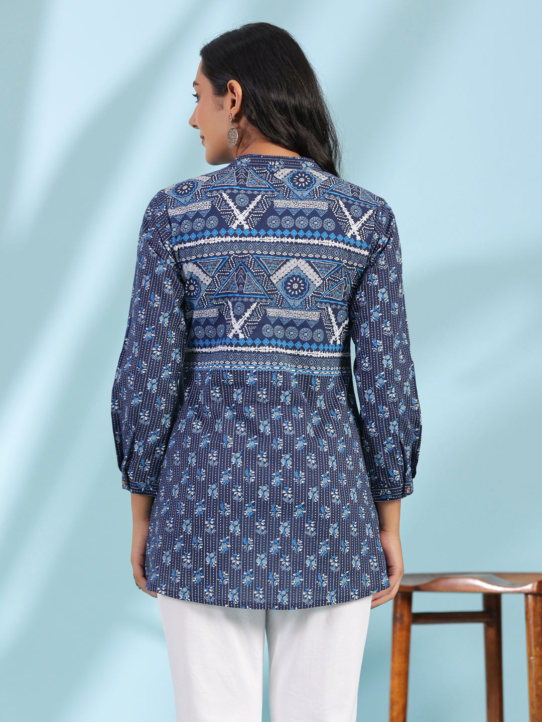 Juniper Women Blue Cotton Cambric Printed A-Line Tunic