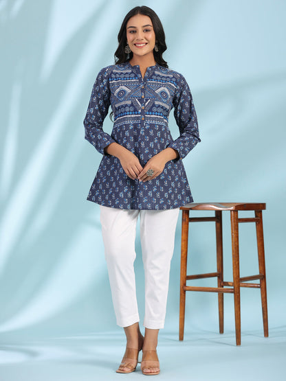 Juniper Women Blue Cotton Cambric Printed A-Line Tunic - Distacart