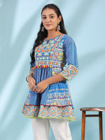 Thumbnail for Juniper The Sujani Blue Floral Printed Pure Cotton Tunic With Thread Work - Distacart